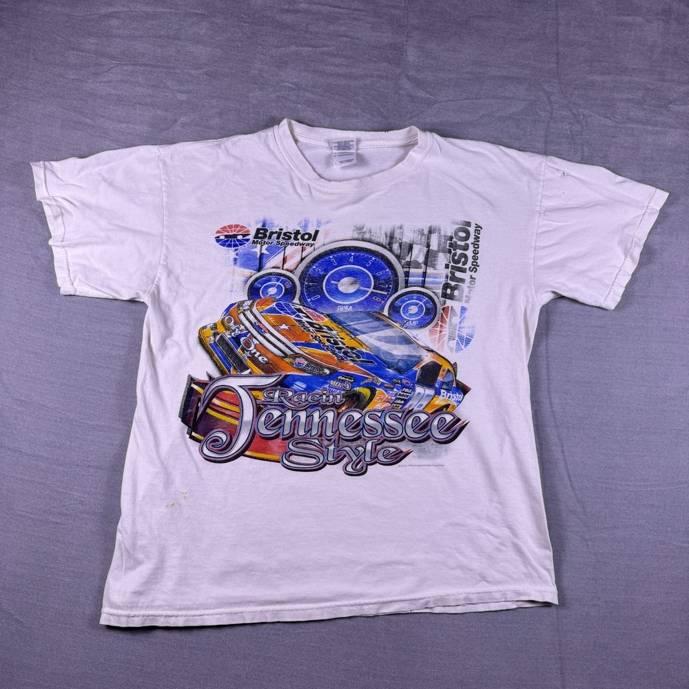 Vtg Gildan Heavy Cotton Mens White Bristol Motor Speedway Graphic T-Shirt Size L